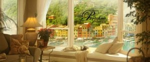 Perspective shot from inside a luxury home in Portofino overlooking an Italian canal and other colorful themed Italian luxury homes | Luxury Homes by Brittany Corporation
