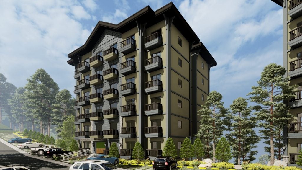 Rendered photo of one Alpine villas tower | studio pre-selling condo in tagaytay