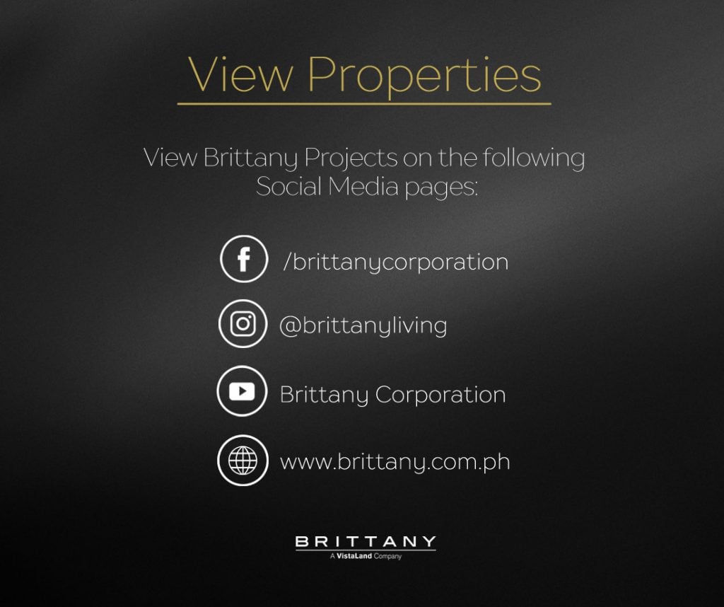 Plain black photos with words written: View Properties, view brittany projects on the following social media pages. | luxury homes bu brittany corporation