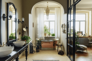 Interior photograph of the bathroom a Brittany luxury home furnished with multiple green indoor plants and Victorian furniture