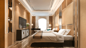 Modern contemporary interior design with neutral brown color scheme in a clean double bed hotel room and in a luxury house and lot - Luxury Homes by Brittany Corporation