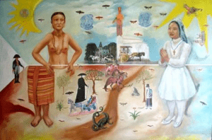 Karen Ocampo Flores' A Line of History | Painting of the Philippine flag with an indigenous tribal woman and traditional elements at the left, and a praying Filipino nurse in white uniform dress and a cross necklace and colonized elements at the right; all representing the timeline of Filipino traditional medicine | Luxury Homes by Brittany Corporation