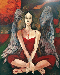 The Whisper by Kitty Taniguchi | Painting of a woman in a maroon red dress and a scarlet red necklace with angel feathered wings and a halo, sitting as a snake slithers to the side of her head by the apple tree | Luxury Homes by Brittany Corporation