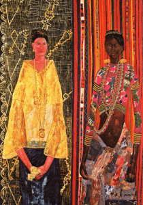 Woven artwork of two Filipino women; on the left is a Spanish colonized woman wearing the Baro’t Saya national attire made of Pineapple fiber as she holds a handkerchief; on the right is a darker colored woman of the indigenous tribes wearing colorful traditional attire and accessories with a background of traditional weaving patterns | Luxury Homes by Brittany Corporation