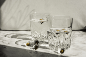 Two clear glasses of water with flowers on a marble tabletop | Luxury Homes by Brittany Corporation