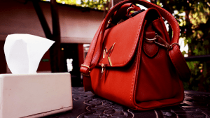 Red designer bags on a bench in crosswinds tagaytay with a roll of napkin on the side | Luxury Homes by Brittany Corporation