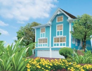 A tall teal mansion in charming San Franciscan style, with white elements, and two garages or carports, with side staircases leading to the upper ground floor; surrounded by trees, yellow daffodil flowers, and other plants