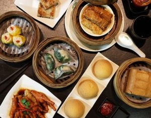 an array of steamed dimsum siomai, kutchay dumplings, chicken feet, baos, tofu skin rolls, radish cake, and steamed cake flat lay for a luxurious display of luxury masion palate | luxury homes by brittany corporation