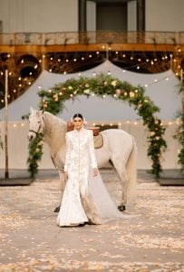 Wedding dress with a horse behind the model