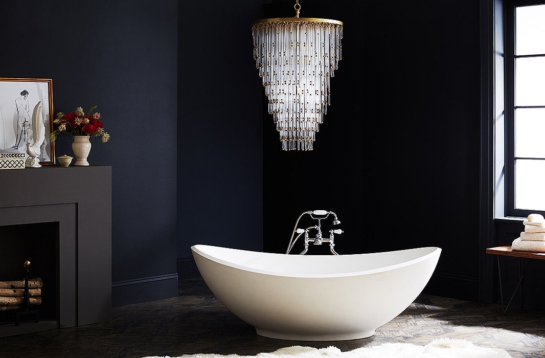 How To Design Your Home: Colors of Old America | Brittany Corporation Luxury Chandelier in black-walled bathroom with big white tub in a luxury house and lot | Luxury Homes by Brittany Corporation