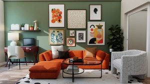 Photo of sofas with throw pillows and green wall. | luxury homes by brittany corporation