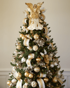 gold and white designed christmas tree with angel on top | luxury homes by brittany corporation