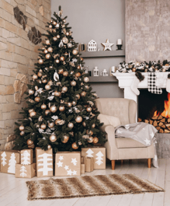 monochrome christmas tree design simple design by the fireplace | luxury homes by brittany corporation