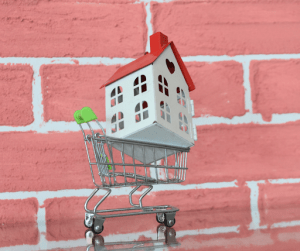 cute house on a shopping cart in front of a wall | luxury homes by brittany corporation