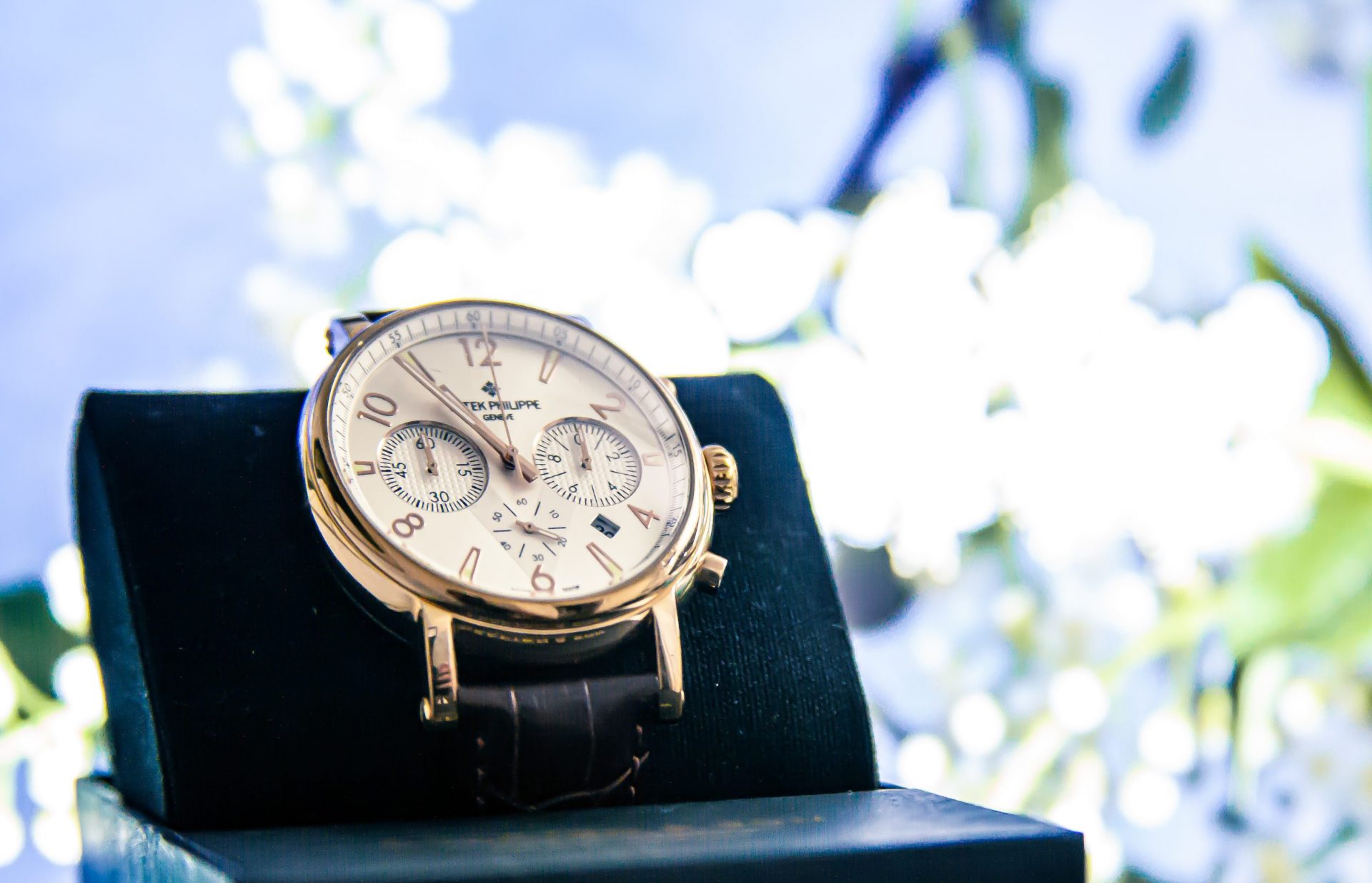 Photo of a gold Swiss watch on a bright backdrop