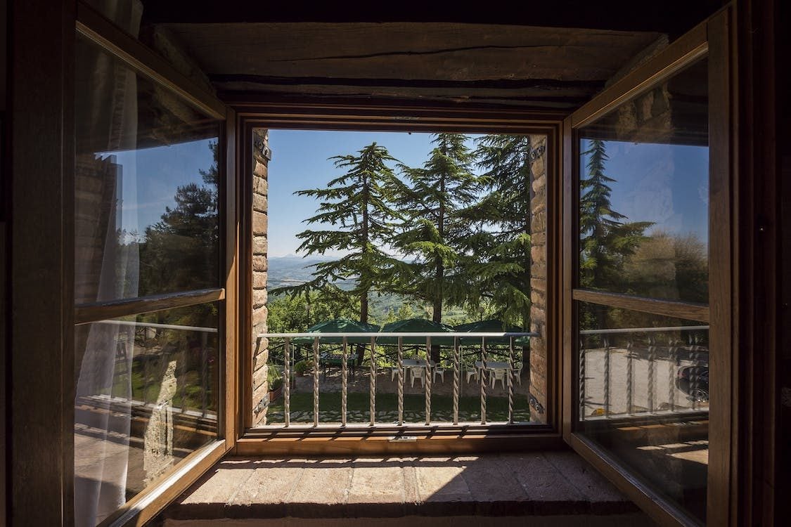 Photo of a balcony with the beautiful view of the pine trees and nature