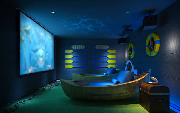 3d render cinema room with boat decor