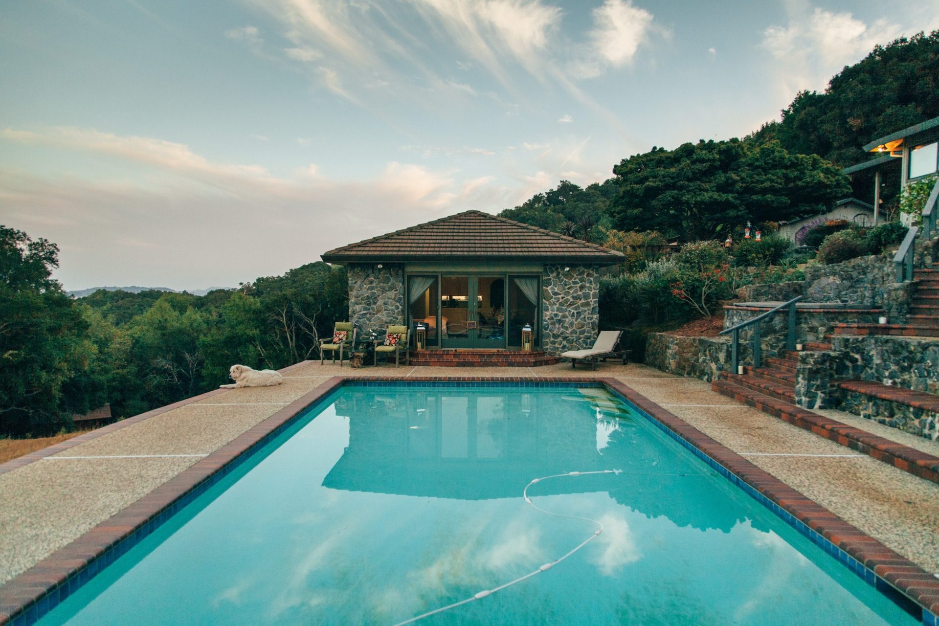 Swimming pool and a concrete patio with a hilltop backdrop.