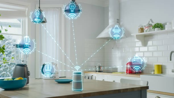 Internet of Things Concept: Modern Kitchen full of High-Tech Kitchen Appliances with IOT, Infographics Show Various Data and Information. Digitalization, Visualization of Home Electronics Devices