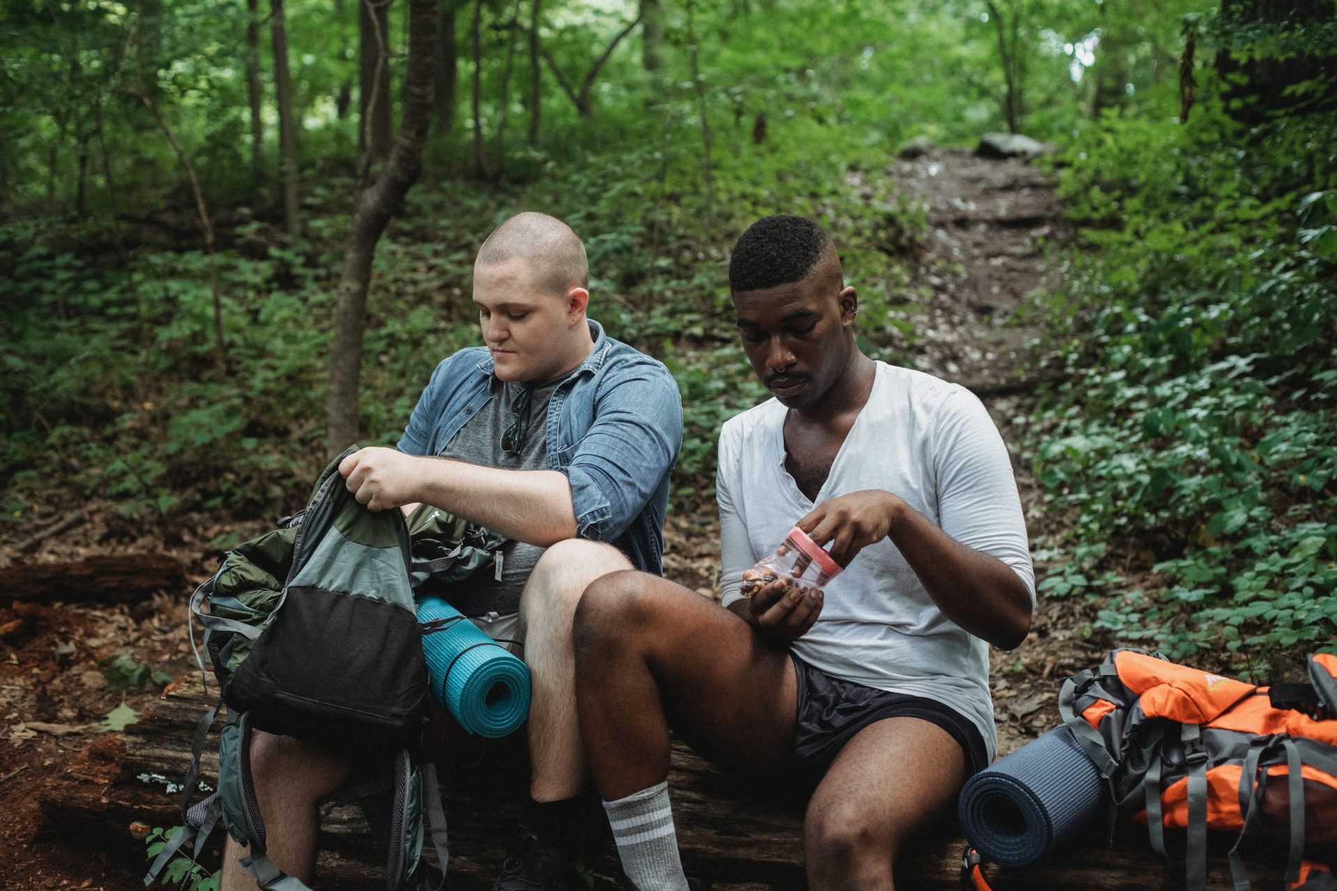 Image of 2 people sitting down in the forest