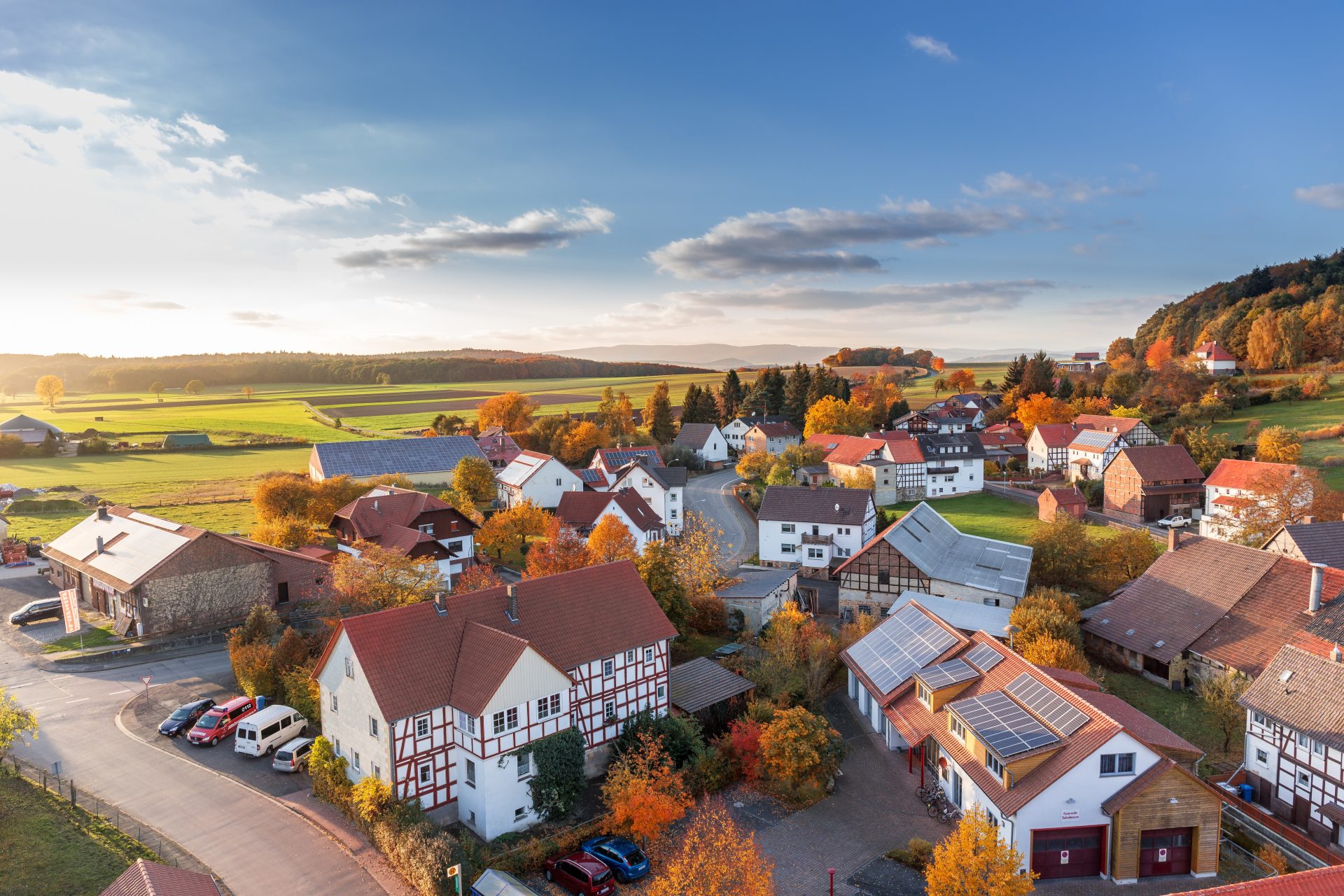 Aerial view of a village.