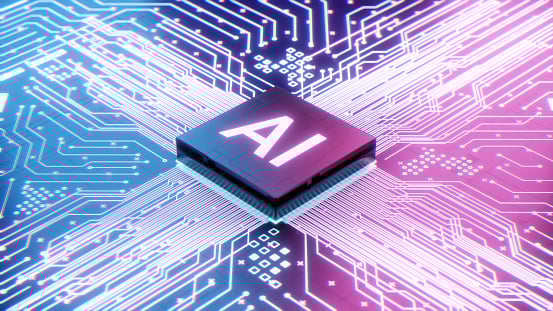 AI microprocessor on motherboard computer circuit, Artificial intelligence integrated inside Central Processors Unit or CPU chip, 3d rendering futuristic digital data technology concept background